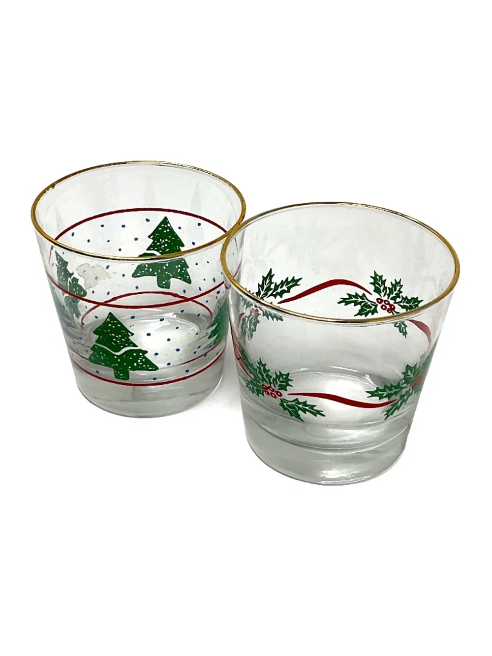 vintage holiday double old-fashioned or rocks glasses featuring festive green